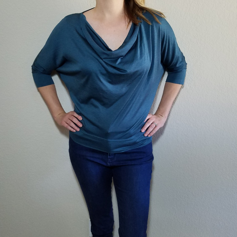 Eileen Fisher Silk Blue Top Cowl Neck 3/4 Sleeve Cotton Women's Teal Blouse XS - Picture 6 of 6